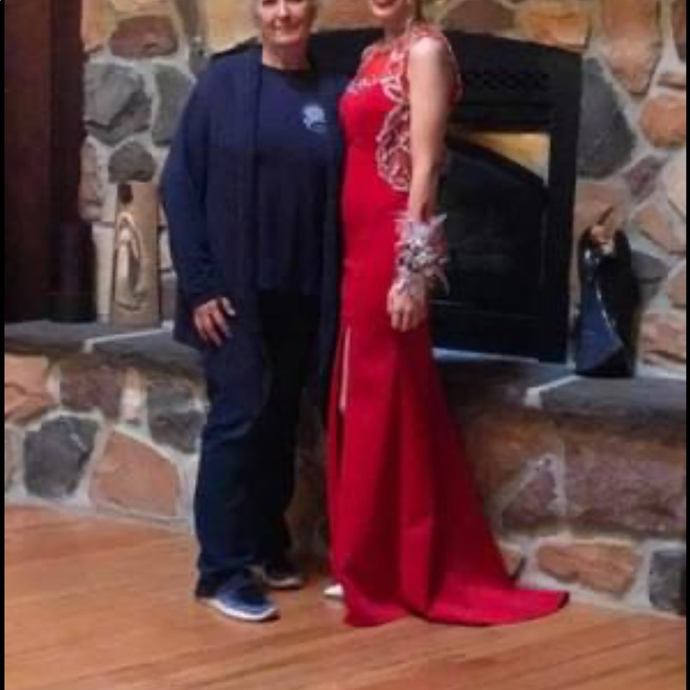 Red dress with silver on it
